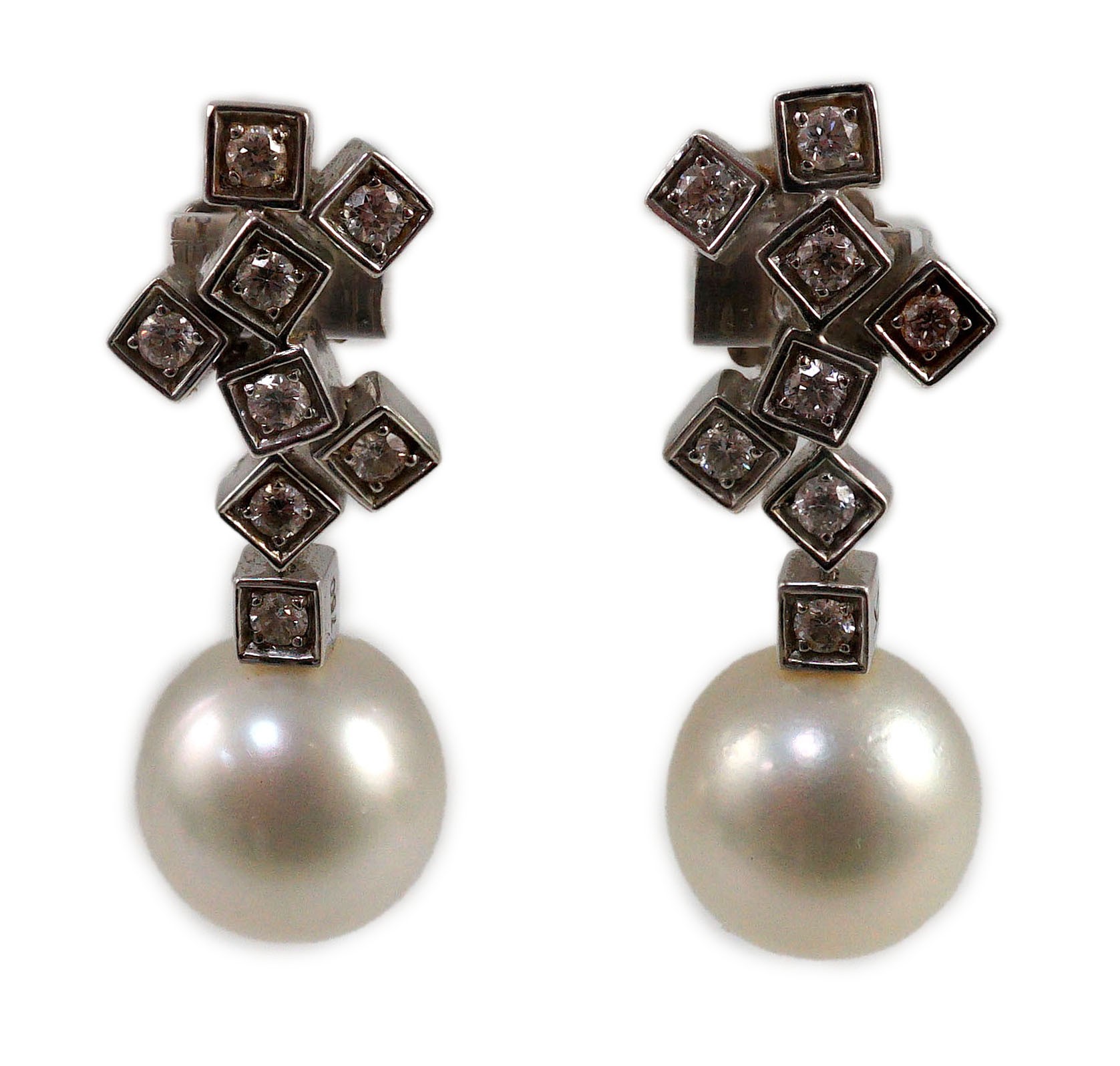 A modern pair of 18ct white gold, single stone South Sea pearl and eight stone diamond cluster set drop earrings, by Kailis